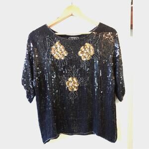 Vintage 80s Top Black Gold Silk Sequin Retro Glam Cocktail Party Fairy Goth Med